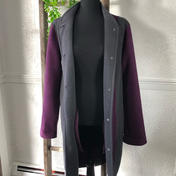 Susan Graver Fleece Purple Gray Long Button Up Coat Color. Block Trench Coat - Picture 4 of 16
